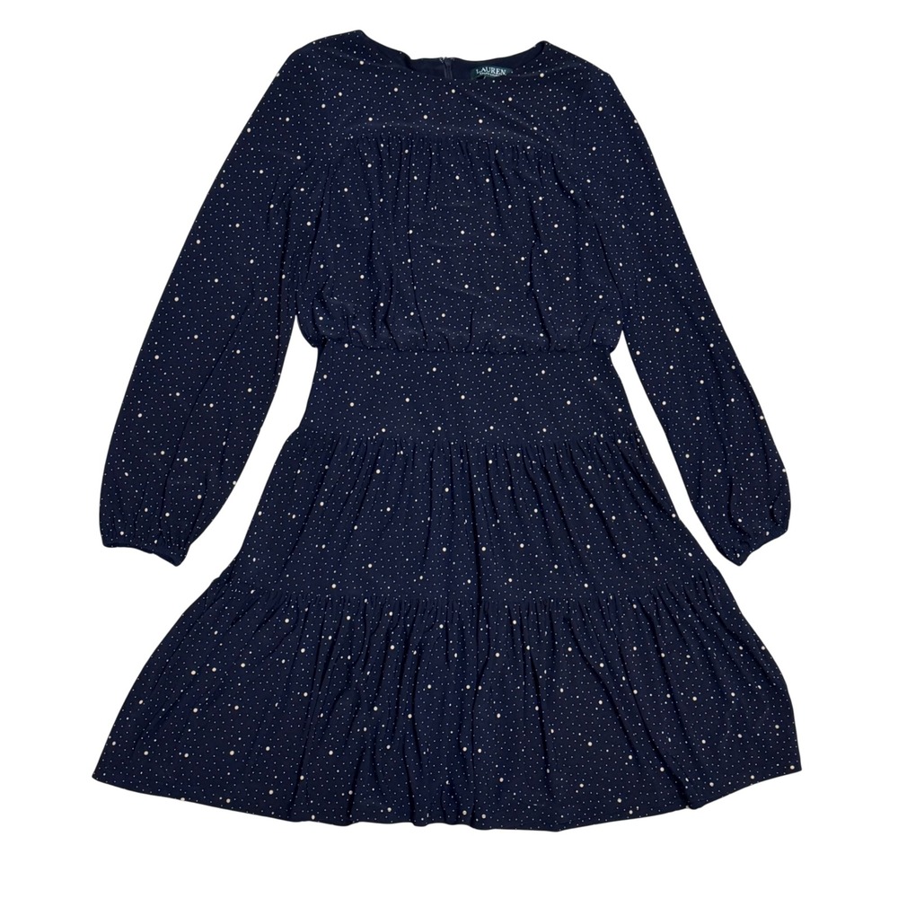 Lauren Ralph Lauren Polka Dot Dress Womens 10 Navy Blue Excellent Tiered Flare